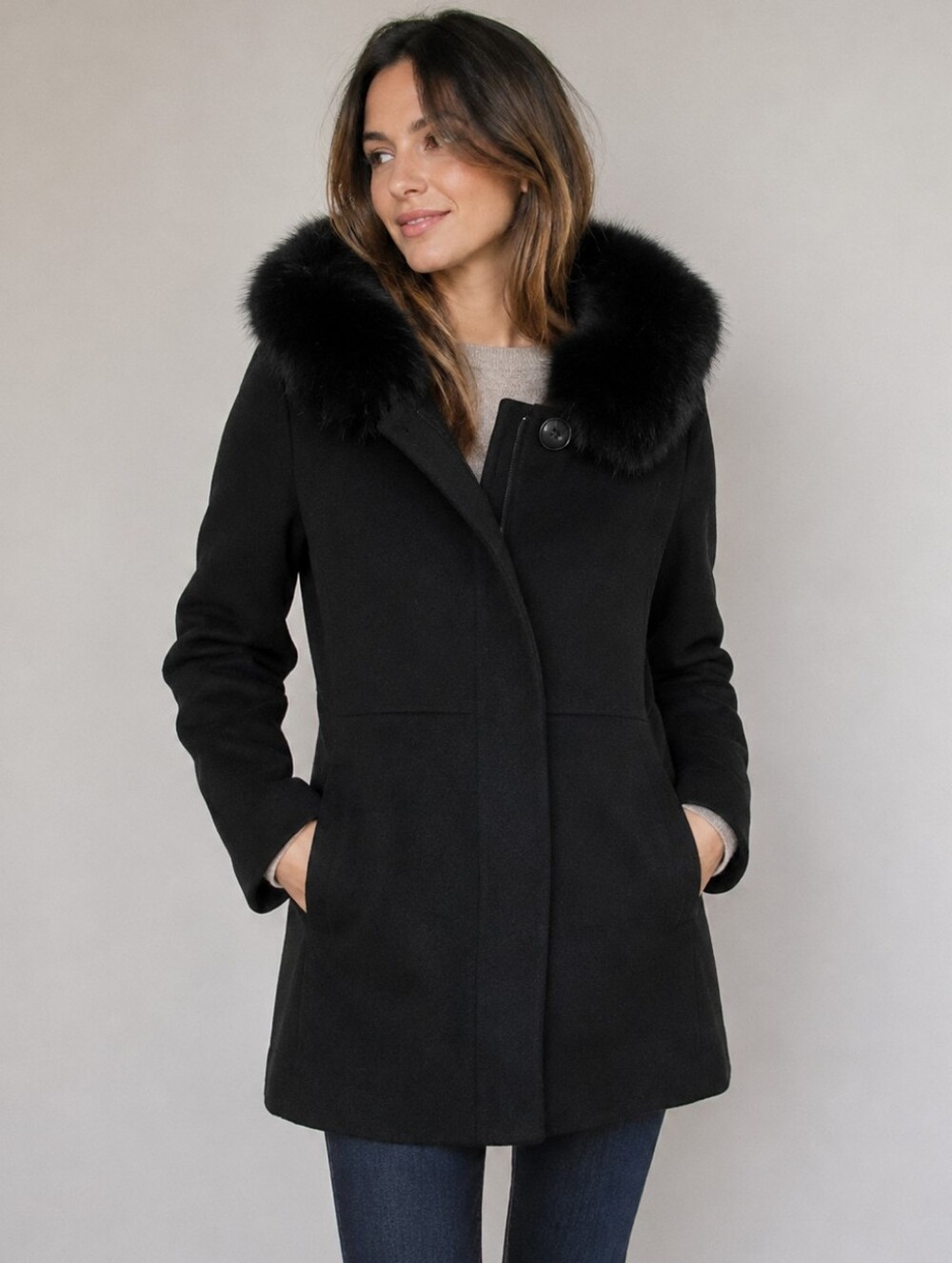 Sachi Black Wool Cashmere Fox Fur Hood Coat XL Luxe Winter Designer Outerwear